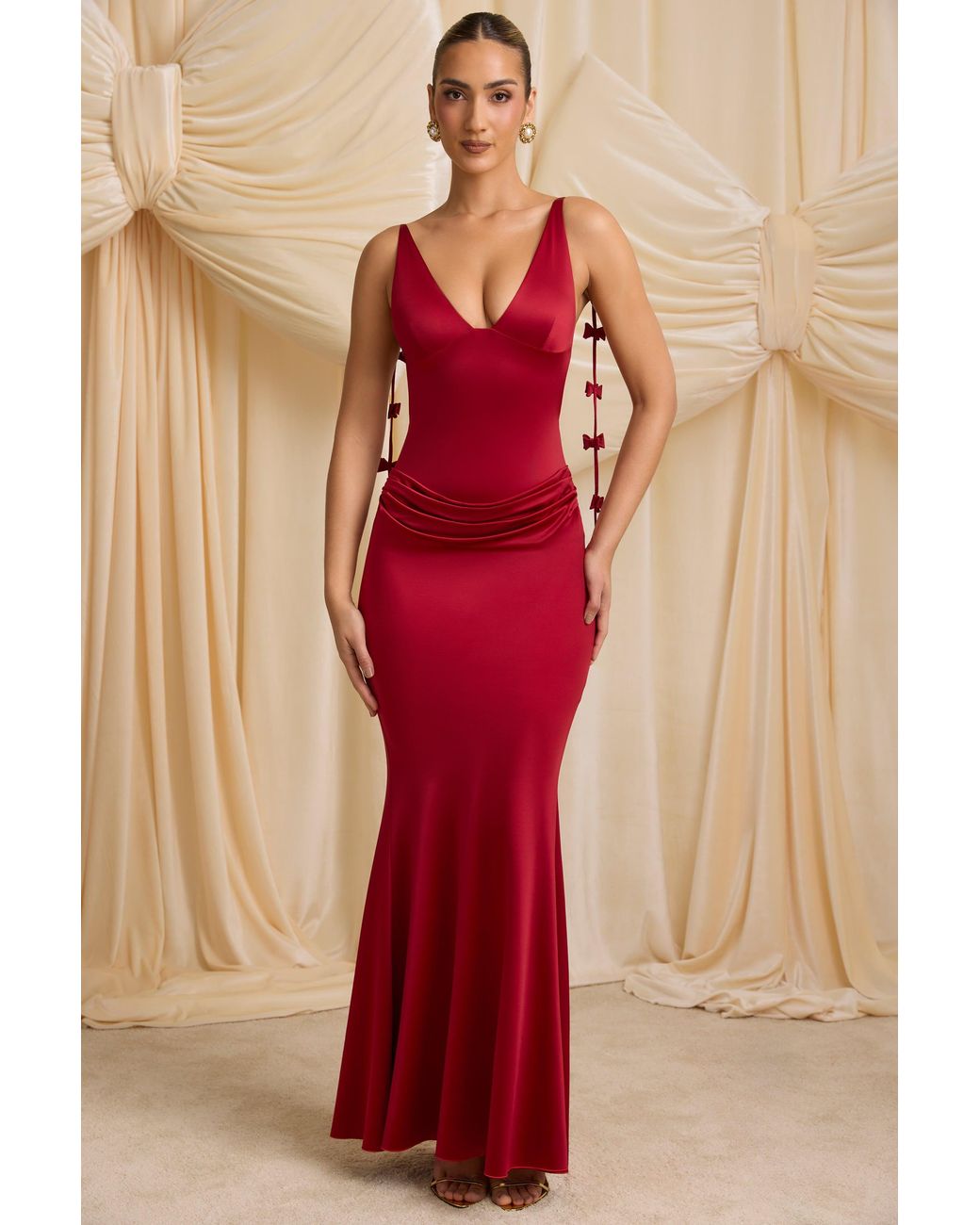 Bow-Detail Draped Open-Back Maxi Gown | Women's Red Modal Evening Gown