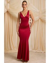 Bow-Detail Draped Open-Back Maxi Gown | Women's Red Modal Evening Gown