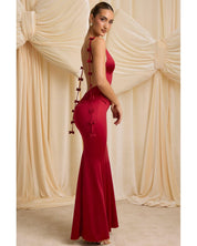 Bow-Detail Draped Open-Back Maxi Gown | Women's Red Modal Evening Gown
