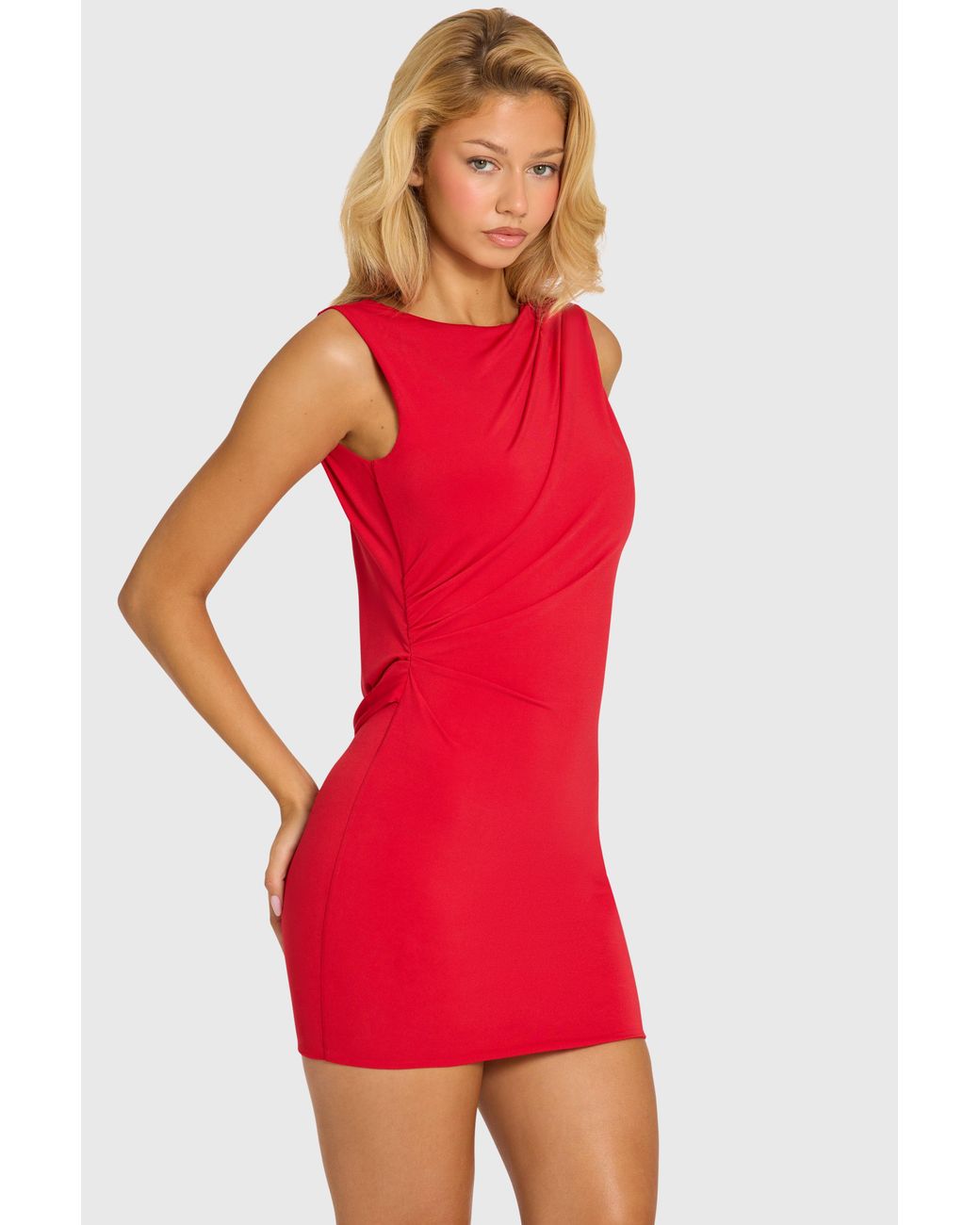 Draped Backless Mini Dress | Women's Red Stretch Crepe Jersey