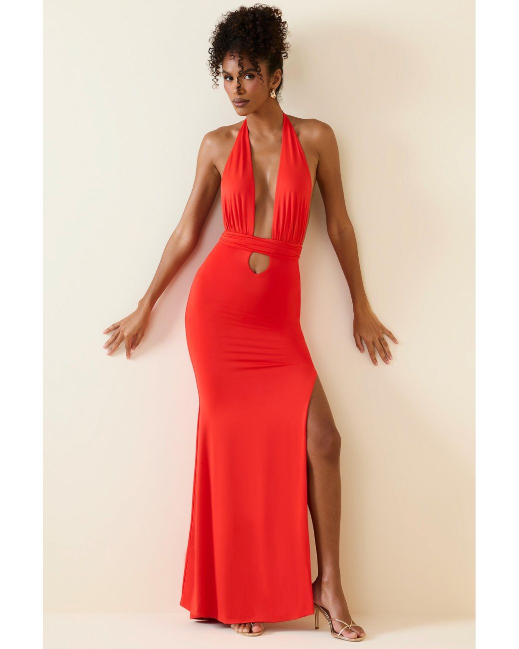 Halterneck Cut-Out Maxi Dress | Women's Red Slinky Jersey