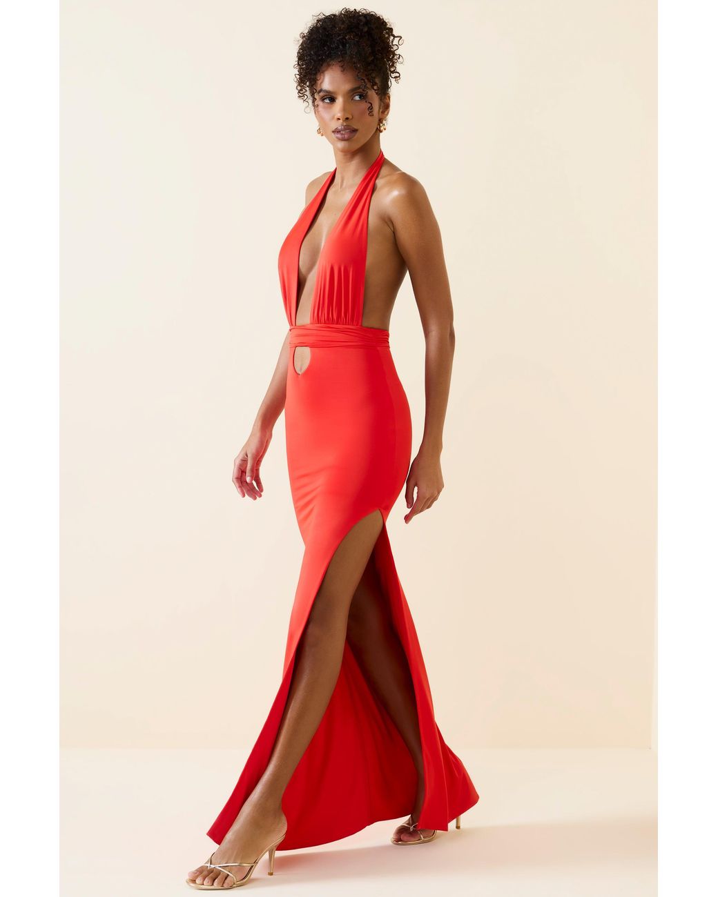 Halterneck Cut-Out Maxi Dress | Women's Red Slinky Jersey