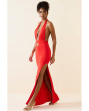 Halterneck Cut-Out Maxi Dress | Women's Red Slinky Jersey