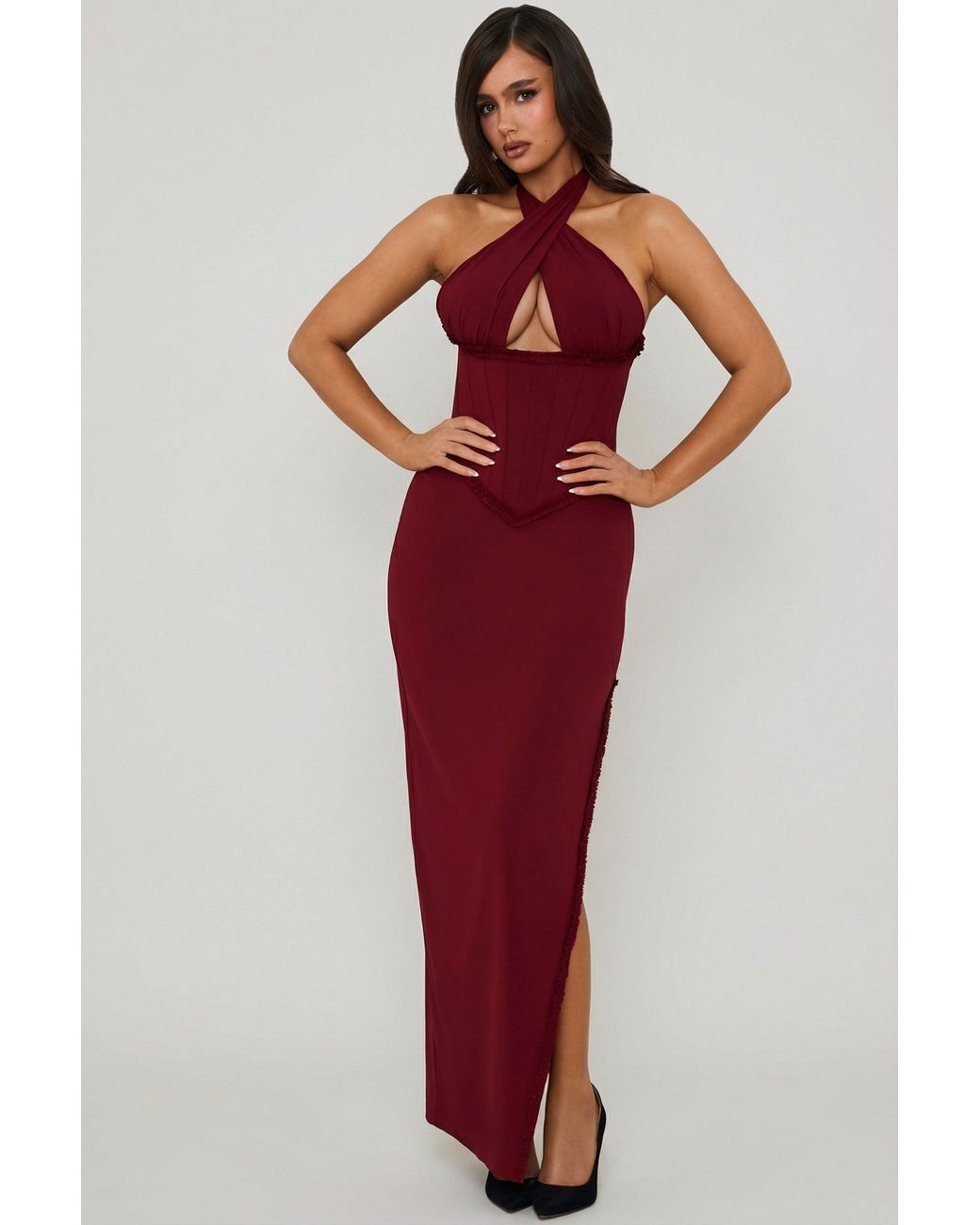 Halterneck Lace-Up Corset Maxi Dress | Women's Red Georgette