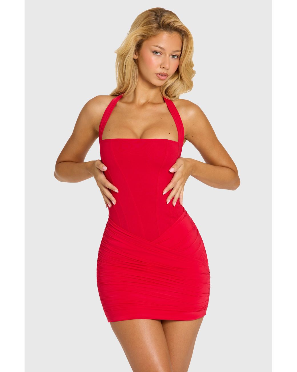 Halterneck Draped Mini Dress | Women's Red Jersey Body-Hugging