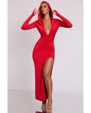 Hooded Long Sleeve Maxi Dress | Women's Red Bodycon Jersey