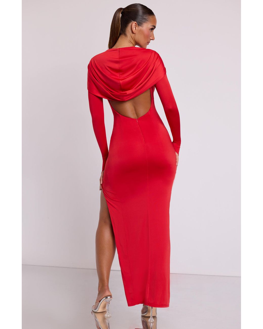 Hooded Long Sleeve Maxi Dress | Women's Red Bodycon Jersey