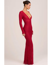 Lace Long Sleeve Maxi Dress | Women's Red with Plunge Neckline