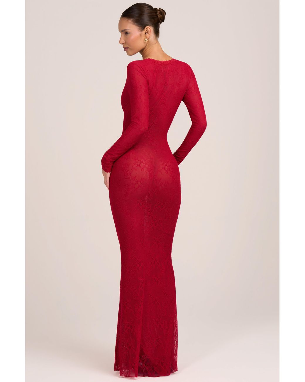 Lace Long Sleeve Maxi Dress | Women's Red with Plunge Neckline