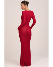 Lace Long Sleeve Maxi Dress | Women's Red with Plunge Neckline