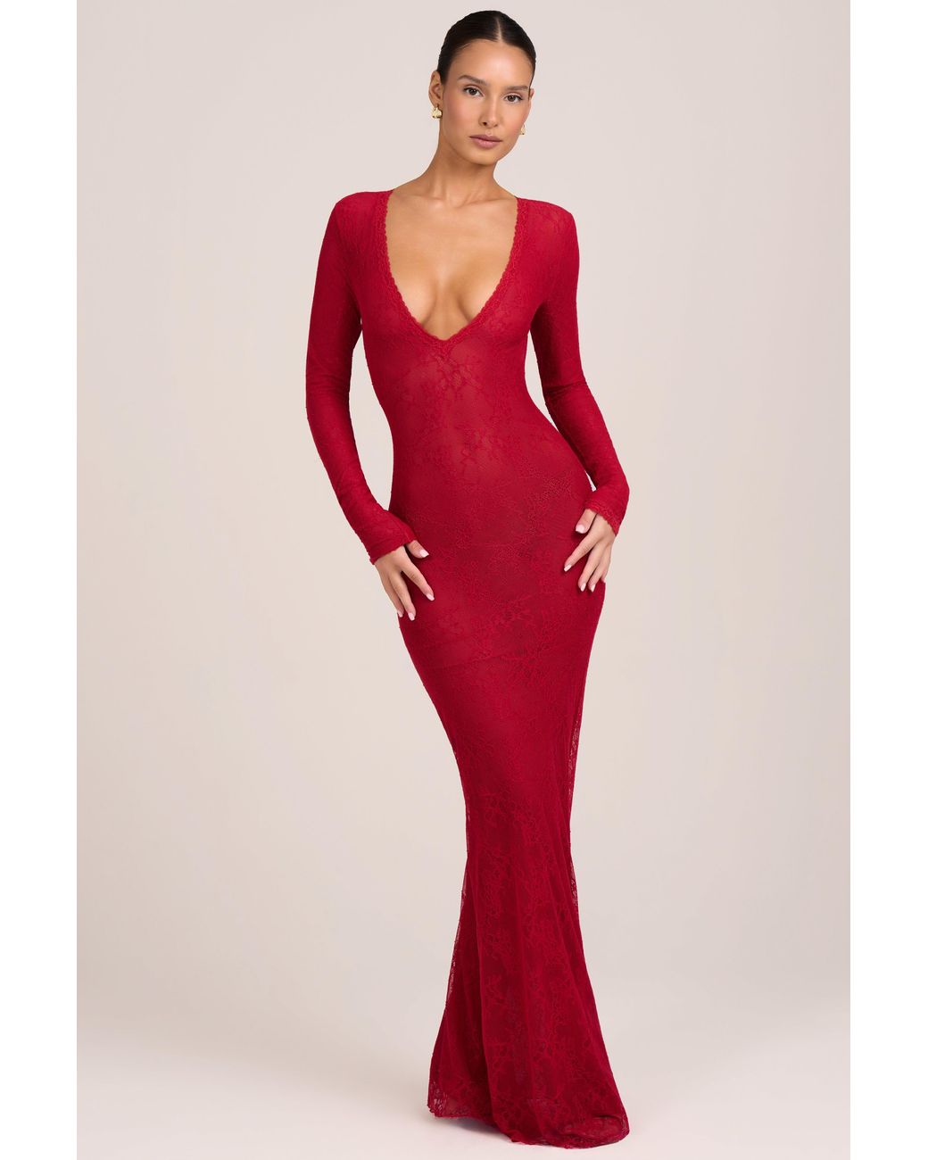 Lace Long Sleeve Maxi Dress | Women's Red with Plunge Neckline