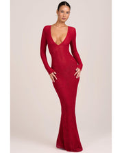 Lace Long Sleeve Maxi Dress | Women's Red with Plunge Neckline