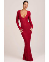 Lace Long Sleeve Maxi Dress | Women's Red with Plunge Neckline