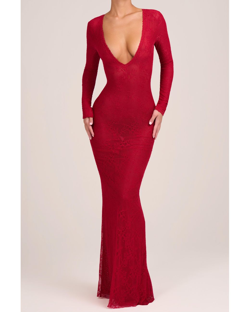 Lace Long Sleeve Maxi Dress | Women's Red with Plunge Neckline