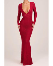 Lace Long Sleeve Maxi Dress | Women's Red with Plunge Neckline