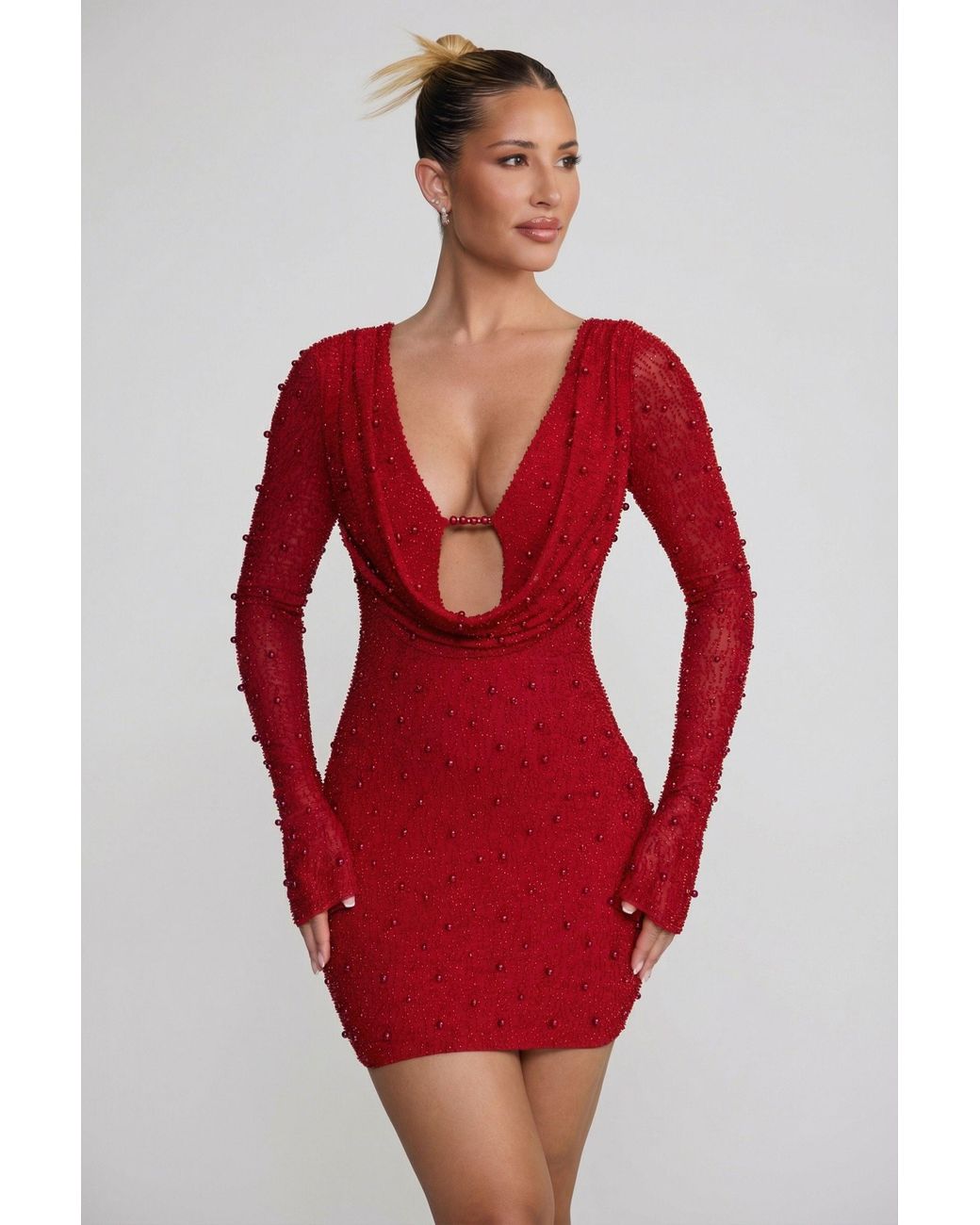 Long Sleeve Deep Plunge Mini Dress | Women's Red Embellished Mesh