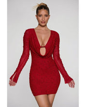 Long Sleeve Deep Plunge Mini Dress | Women's Red Embellished Mesh
