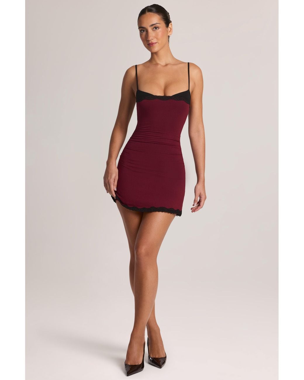 Modal Lace-Trim Peekaboo Mini Dress | Women's Red