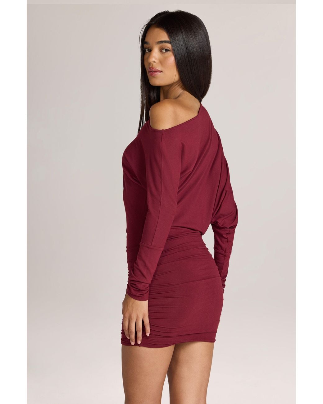 Modal Off-Shoulder Mini Dress | Women's Red Ruched with Full Lining