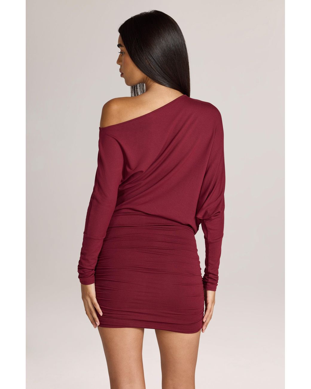 Modal Off-Shoulder Mini Dress | Women's Red Ruched with Full Lining