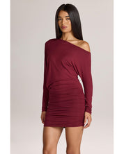 Modal Off-Shoulder Mini Dress | Women's Red Ruched with Full Lining