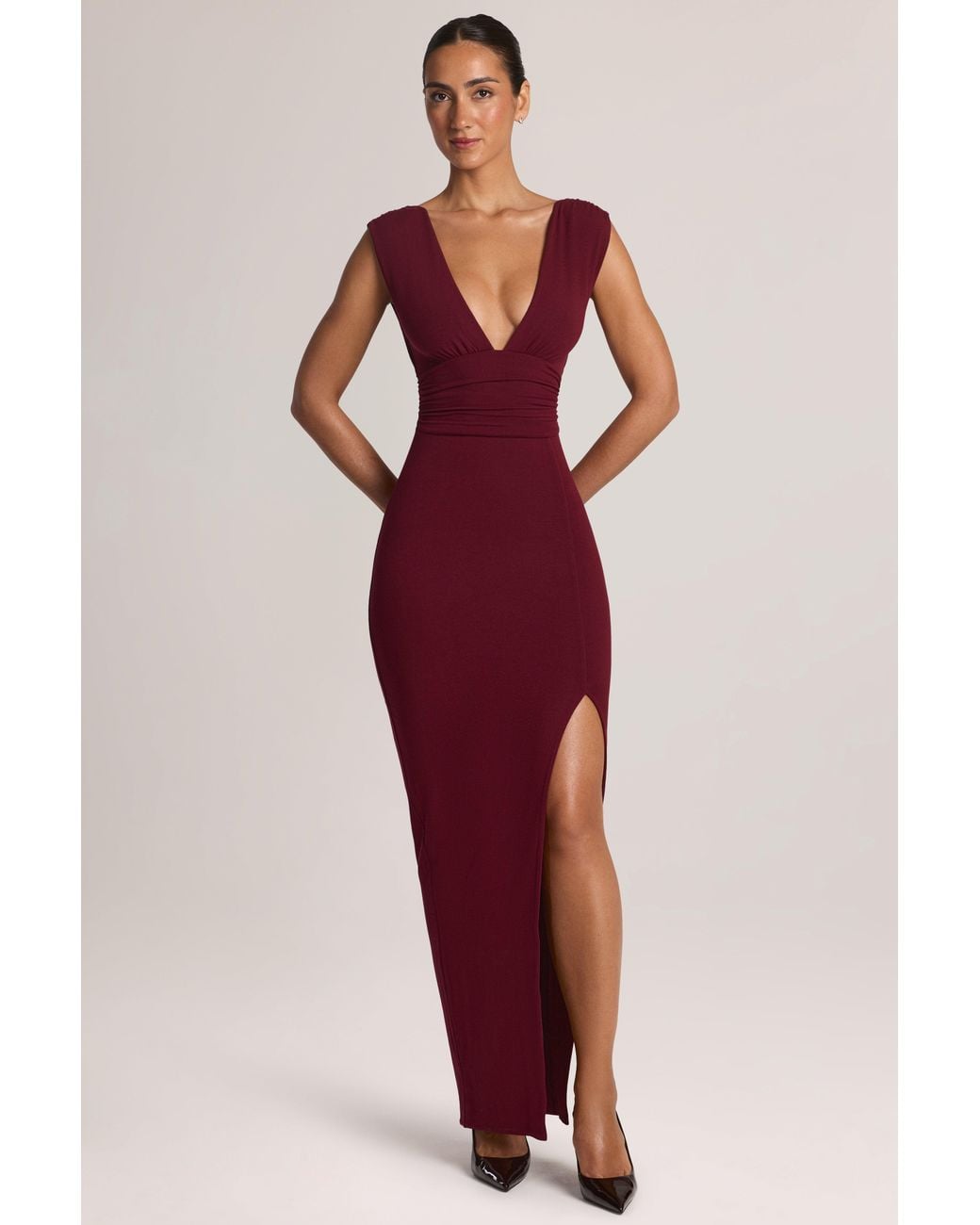 Modal Plunge-Neck Maxi Dress | Women's Red Gathered Waist Dress