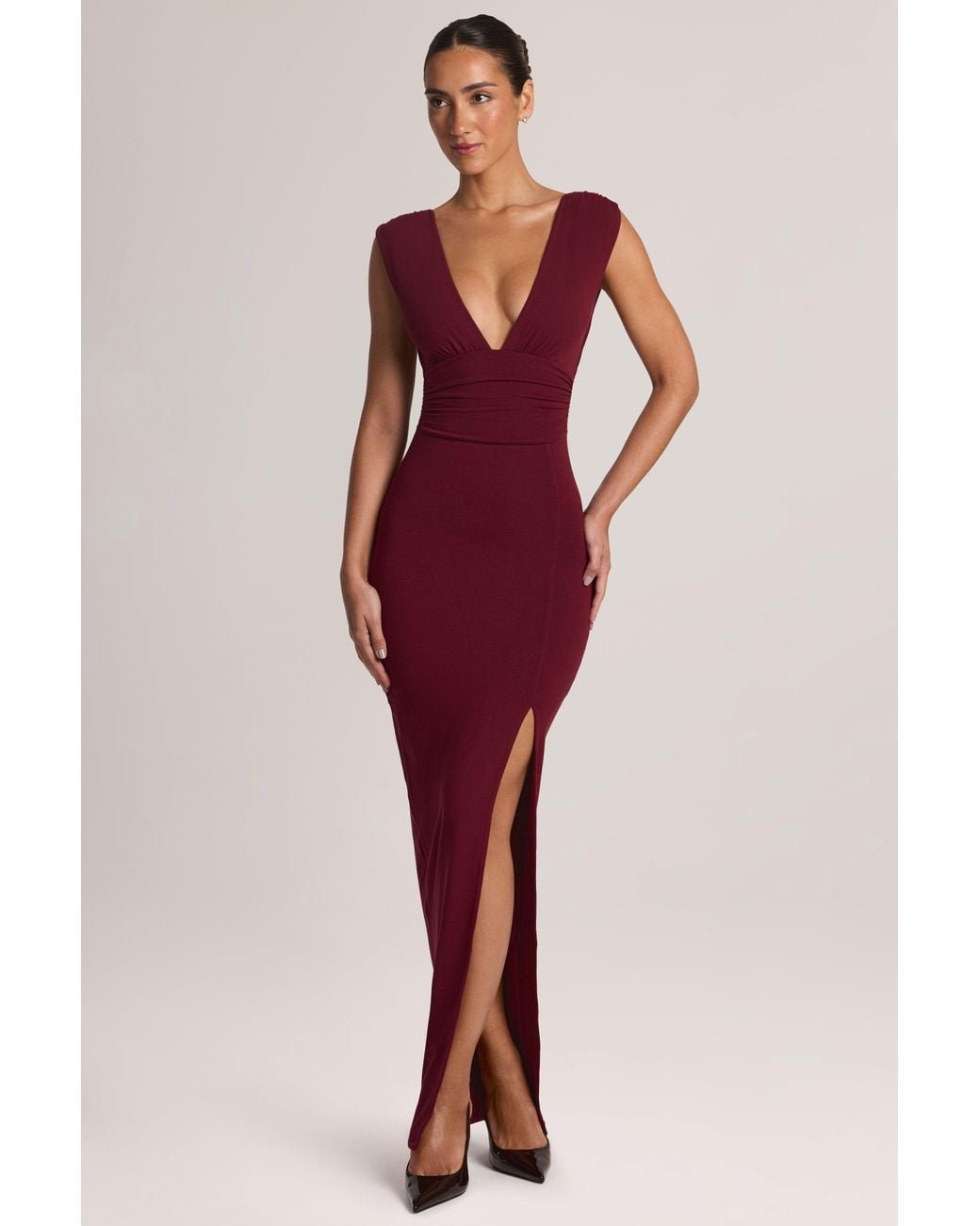 Modal Plunge-Neck Maxi Dress | Women's Red Gathered Waist Dress