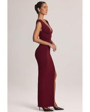 Modal Plunge-Neck Maxi Dress | Women's Red Gathered Waist Dress