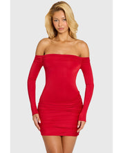 Off-Shoulder Long-Sleeve Mini Dress | Women's Red Slinky Jersey