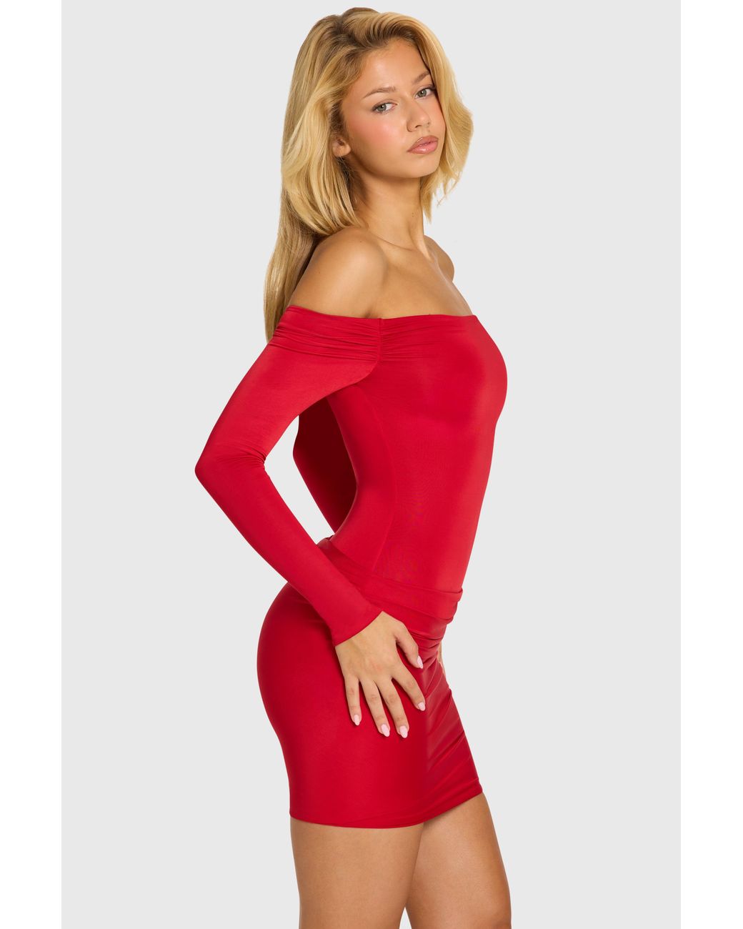 Off-Shoulder Long-Sleeve Mini Dress | Women's Red Slinky Jersey
