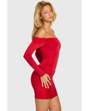 Off-Shoulder Long-Sleeve Mini Dress | Women's Red Slinky Jersey