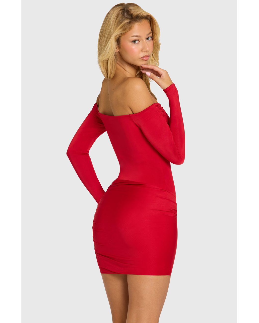 Off-Shoulder Long-Sleeve Mini Dress | Women's Red Slinky Jersey