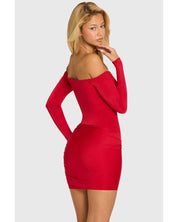 Off-Shoulder Long-Sleeve Mini Dress | Women's Red Slinky Jersey