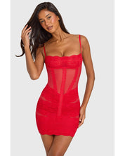 Placed Lace-Trim Sheer Mesh Mini Dress | Women's Red Lace Overlay