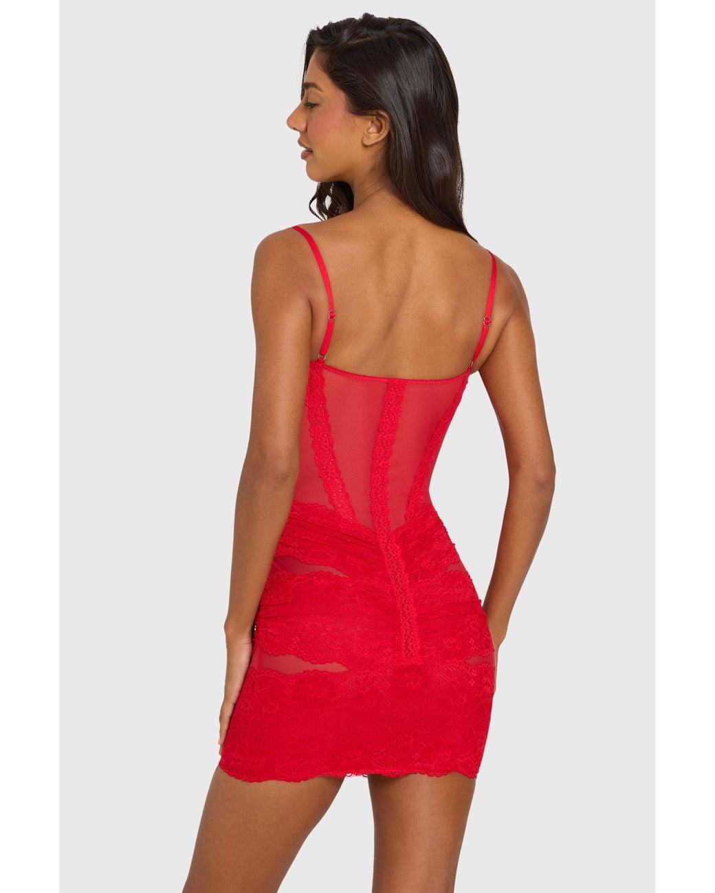 Placed Lace-Trim Sheer Mesh Mini Dress | Women's Red Lace Overlay