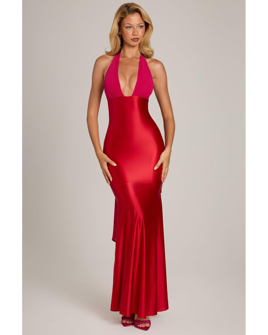 Satin Jersey Halterneck Maxi Dress | Women's Red Plunge Maxi