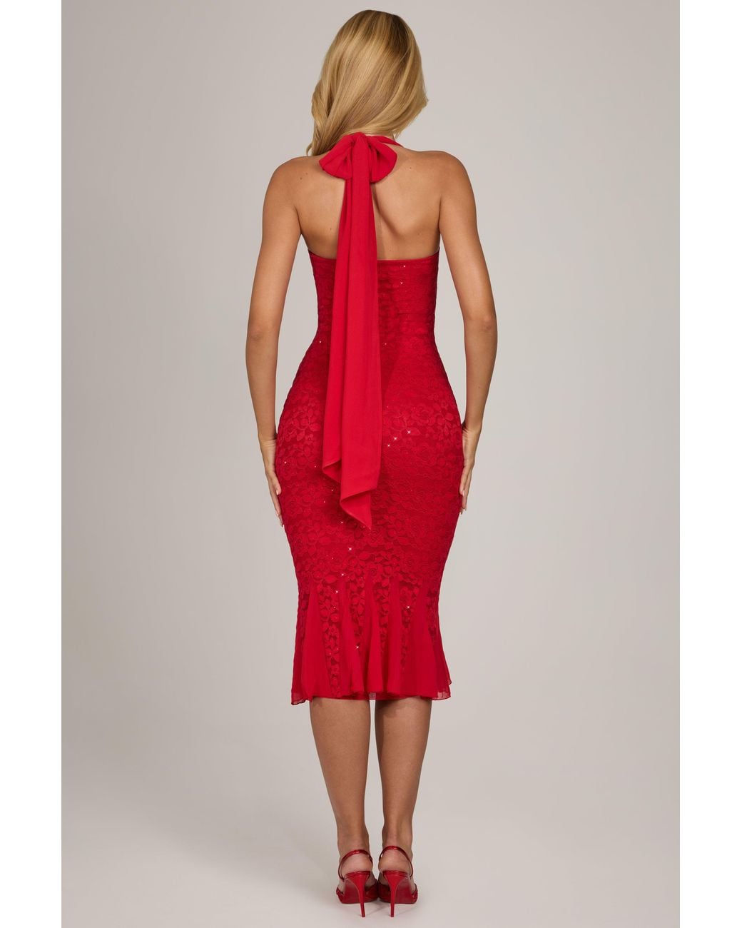 Sequin Lace Midaxi Dress | Women's Red Halterneck with Side Zip