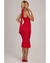 Sequin Lace Midaxi Dress | Women's Red Halterneck with Side Zip