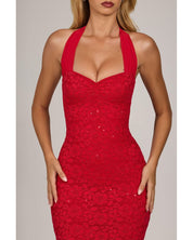 Sequin Lace Midaxi Dress | Women's Red Halterneck with Side Zip
