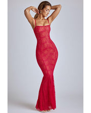 Sheer Lace Fishtail Gown | Women's Red Semi-Sheer Mesh