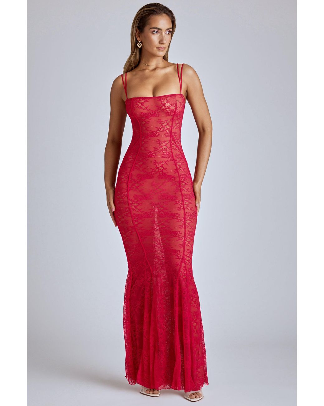 Sheer Lace Fishtail Gown | Women's Red Semi-Sheer Mesh