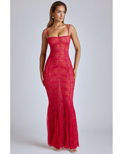 Sheer Lace Fishtail Gown | Women's Red Semi-Sheer Mesh