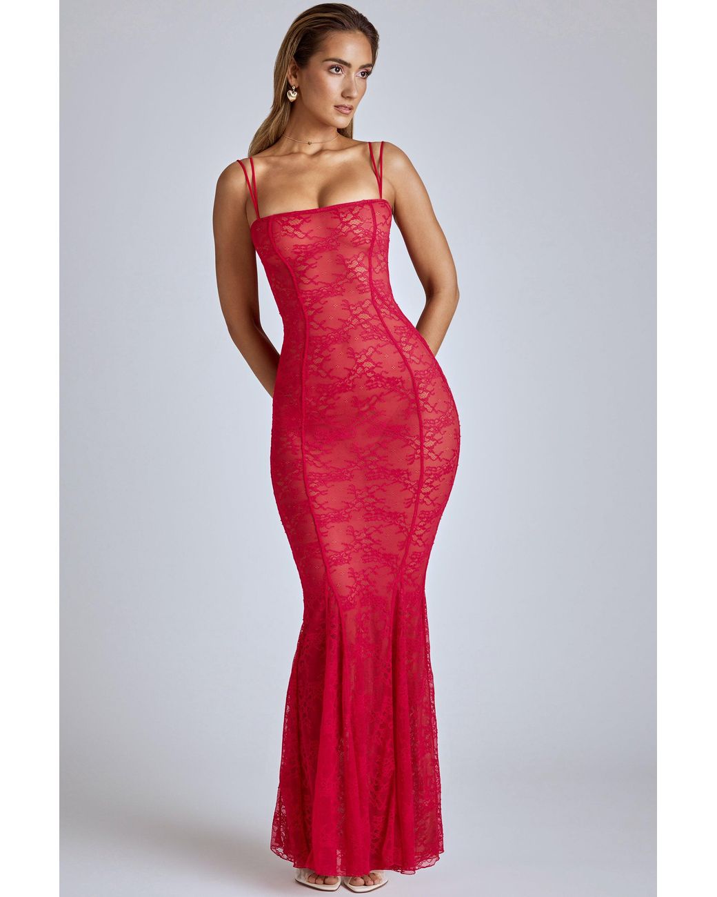 Sheer Lace Fishtail Gown | Women's Red Semi-Sheer Mesh