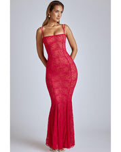Sheer Lace Fishtail Gown | Women's Red Semi-Sheer Mesh
