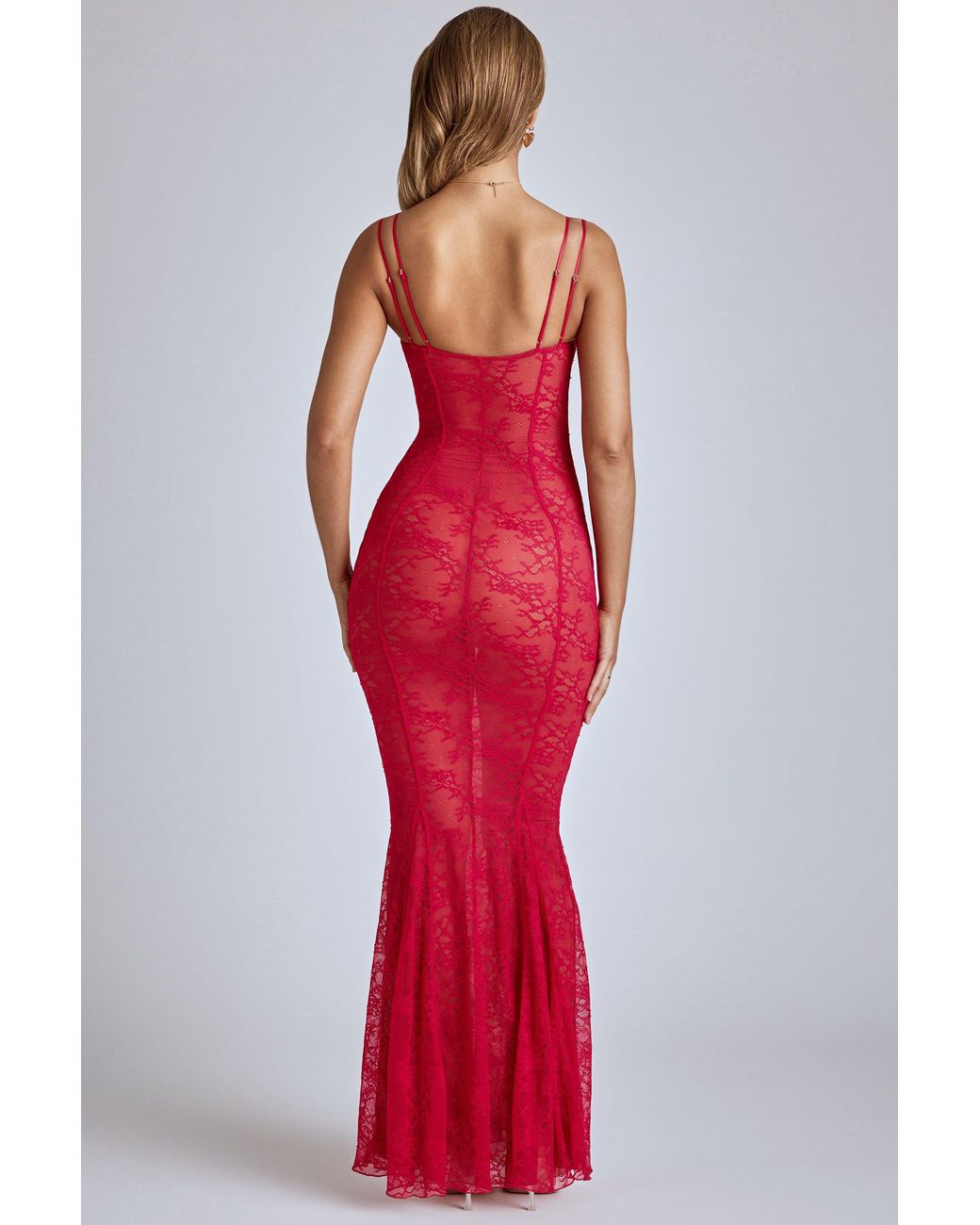 Sheer Lace Fishtail Gown | Women's Red Semi-Sheer Mesh