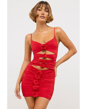Rose Detail Cut-Out Mini Dress | Women's Red Slinky Jersey