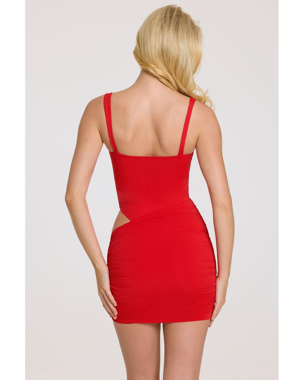 Square Neck Mini Dress | Women's Red Matte Jersey with Hip Drape
