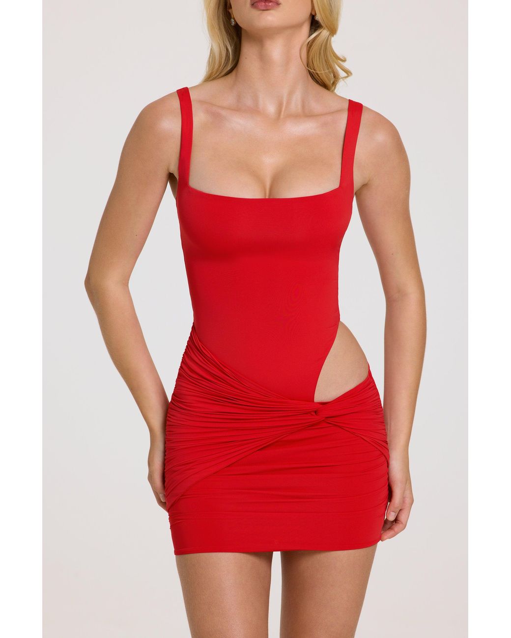 Square Neck Mini Dress | Women's Red Matte Jersey with Hip Drape