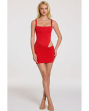 Square Neck Mini Dress | Women's Red Matte Jersey with Hip Drape
