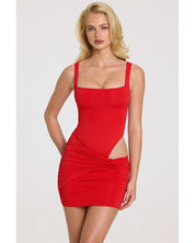 Square Neck Mini Dress | Women's Red Matte Jersey with Hip Drape